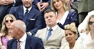Jamie Redknapp is seen in the royal box with his wife Frieda on day six at Wimbledon today