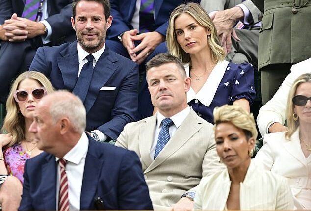 Jamie Redknapp is seen in the royal box with his wife Frieda on day six at Wimbledon today
