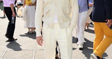 Joe Alwyn, 34, looked suave in head-to-toe white as he led the stars attending day 10 at Wimbledon on Wednesday