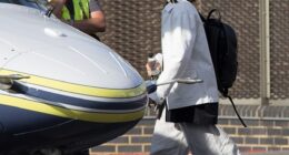 Justin Timberlake, 44, and his wife Jessica Biel, 43, (pictured) cut a casual figure as they took off from London in a helicopter ahead of concert appearance in Great Leighs on Sunday