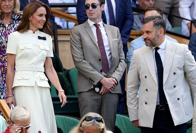The Princess of Wales's private secretary Lt. Col Tom White (pictured right) caused a stir on social media following his appearance at Wimbledon yesterday