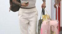 Katie Price, 47, carried designer bags as she spotted for the first time since being banned from daughter Princess' 18th birthday celebrations while arriving at Gatwick Airport on Friday