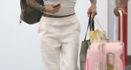 Katie Price, 47, carried designer bags as she spotted for the first time since being banned from daughter Princess' 18th birthday celebrations while arriving at Gatwick Airport on Friday