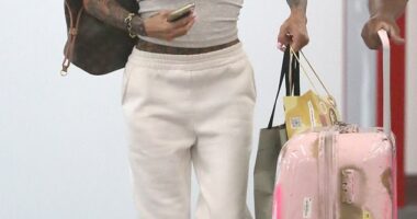 Katie Price, 47, carried designer bags as she spotted for the first time since being banned from daughter Princess' 18th birthday celebrations while arriving at Gatwick Airport on Friday
