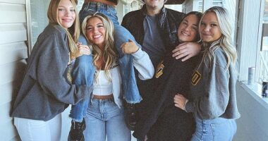 The mom of murdered Idaho student Kaylee Goncalves (second left) revealed her daughter was beaten in the face by killer Brian Kohberger before her death. Goncalves was murdered along with Madison Mogen, 21, (on shoulders)  Xana Kernodle, 20, (second right) and Ethan Chapin, 20