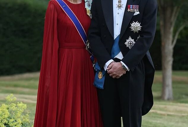 The Prince and Princess of Wales pictured in attendance at this evening's state banquet at Windsor