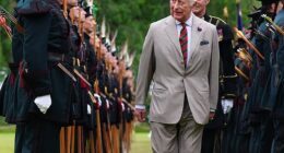 The King was greeted with pipes and drums - plus bows and arrows - as he arrived for his traditional official week in Scotland.  Here, he can be seen inspecting a Guard of Honour of soldiers from the Royal Company of Archers, who serve as the King's ceremonial bodyguard in Scotland - a role first created in 1822 for King George VI