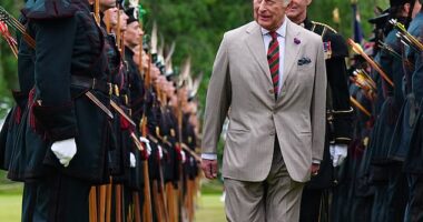 The King was greeted with pipes and drums - plus bows and arrows - as he arrived for his traditional official week in Scotland.  Here, he can be seen inspecting a Guard of Honour of soldiers from the Royal Company of Archers, who serve as the King's ceremonial bodyguard in Scotland - a role first created in 1822 for King George VI