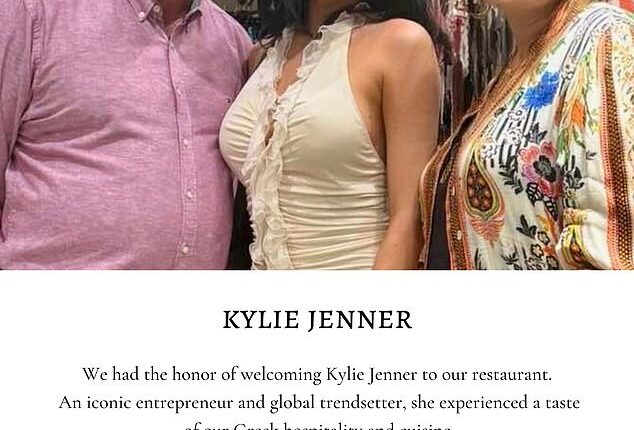 Shortly after Kylie Jenner dined at Tassia Restaurant in the Greek village of Fiscardo on July 12, owners Polychronis Dendrinos (L) and Tassia Dendrinou (R) proudly posted about the 'true honor' of hosting the 'iconic entrepreneur and global trendsetter'