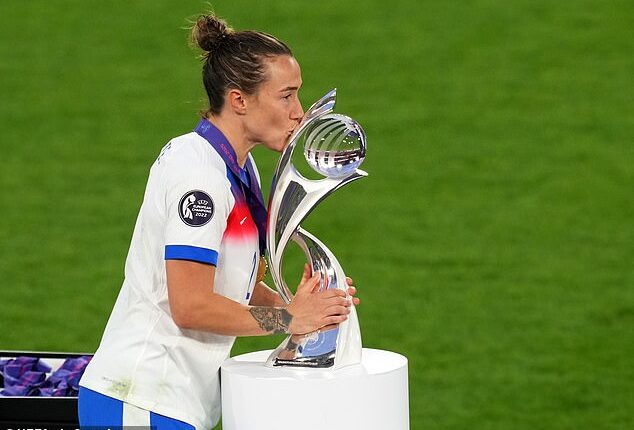 Lucy Bronze kissed the trophy after helping England beat Spain to win the Women's Euros