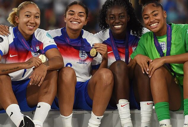 England defender Jess Carter (second from left) has revealed that she was scared to play in the Euro 2025 final having been subjected to racist abuse earlier in the tournament