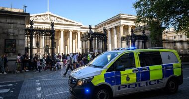 A police van outside the main entrance gates of the British Museum in London in August 2023