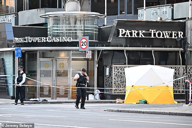 The murder scene this morning outside the Park Tower Casino in London's Knightsbridge this morning