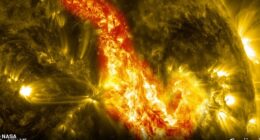 It was triggered by a solar filament, a dense, rope-like ribbon of solar material, that suddenly snapped and collapsed and shoot a coronal mass ejection (CME)