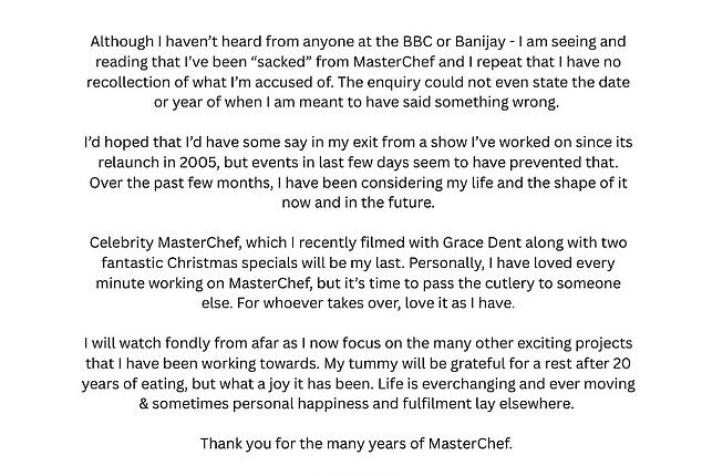 MasterChef's John Torode says he hasn't been told he's been sacked as he breaks silence after report found he used 'extremely offensive racist term'