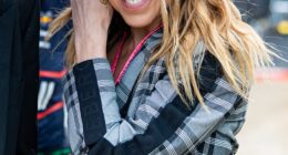 Melanie Chisholm arrived at Silverstone on Sunday after missing Spice Girl bandmate Melanie Brown's wedding in London the previous day