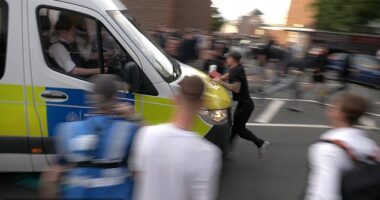 A man was seen being struck by a police van following violent protests outside a migrant hotel in Essex