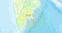 Preliminary data from the US Geological Survey shows the quake reached a magnitude of 8.0 and struck about 84 miles east-southeast of Kamchatska at around 7.24pm EST