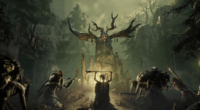 A screen grab from the game Mistfall Hunter featuring creatures bowing before some skeletal relic.