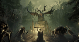 A screen grab from the game Mistfall Hunter featuring creatures bowing before some skeletal relic.