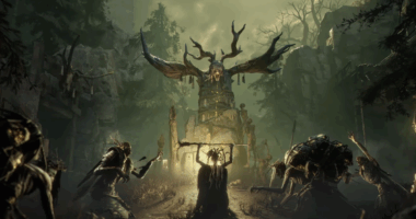 A screen grab from the game Mistfall Hunter featuring creatures bowing before some skeletal relic.