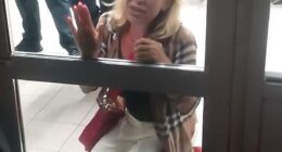 Filmed at Sofia Airport in Bulgaria, the shocking footage (pictured) captures a tearful woman who was brought to her knees in distress as she banged on an airport door while pleading with members of security to allow her onto the aircraft