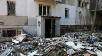 Pictured: A destroyed building in Odesa following a Russian strike overnight