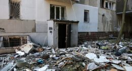 Pictured: A destroyed building in Odesa following a Russian strike overnight