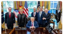 Clay Travis posted a photo online showing the Harbaugh brothers with Trump, NVIDIA CEO Jensen Huang, U.S. trade rep Jamieson Greer and commerce secretary Howard Lutnic