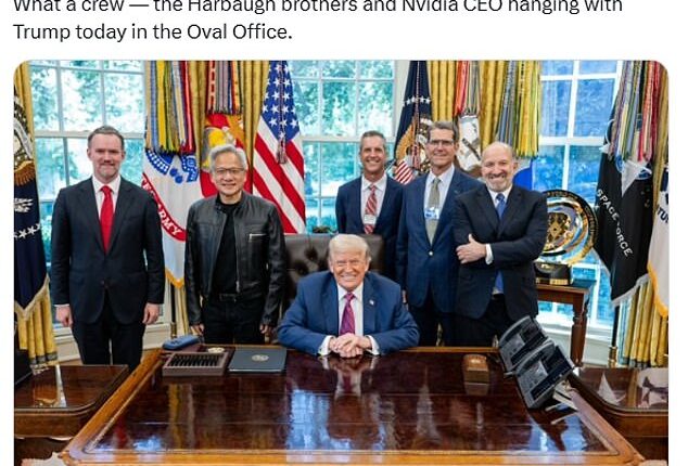 Clay Travis posted a photo online showing the Harbaugh brothers with Trump, NVIDIA CEO Jensen Huang, U.S. trade rep Jamieson Greer and commerce secretary Howard Lutnic