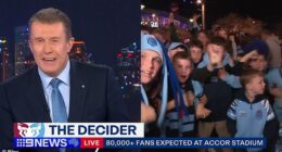 Nine newsreader Peter Overton turns Origin party pooper as he has a VERY salty reaction to fans going wild on live TV before big game