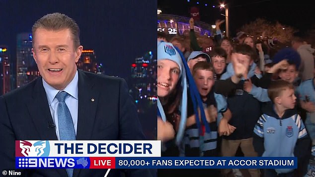 Nine newsreader Peter Overton turns Origin party pooper as he has a VERY salty reaction to fans going wild on live TV before big game