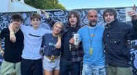 Liam and Noel Gallagher 's children proved that they're closer than ever as they reunited for the 'pic of the century' ahead of their fathers' first Manchester show  (L-R Donavan, Sonny, Anais, Gene, Manchester City manager Pep Guardiola and Lennon)