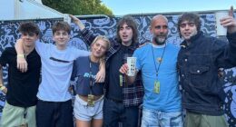 Liam and Noel Gallagher 's children proved that they're closer than ever as they reunited for the 'pic of the century' ahead of their fathers' first Manchester show  (L-R Donavan, Sonny, Anais, Gene, Manchester City manager Pep Guardiola and Lennon)
