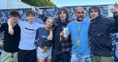 Liam and Noel Gallagher 's children proved that they're closer than ever as they reunited for the 'pic of the century' ahead of their fathers' first Manchester show  (L-R Donavan, Sonny, Anais, Gene, Manchester City manager Pep Guardiola and Lennon)