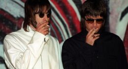 Now Oasis has gone woke, with the band's tell-all documentary is slapped with trigger warnings over 'smoking and drinking' (Liam and Noel Gallagher pictured in 1999)