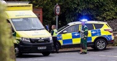 One child has died after a bus bringing school students back from an end-of-term trip overturned and fell 20ft down a steep embankment (photo from the scene)