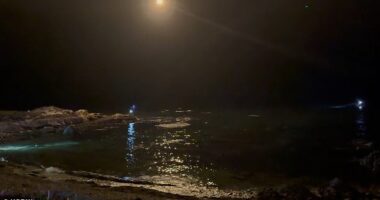 Frantic search efforts are underway after a private plane crash in California has left all three passengers missing (pictured: flares shooting from the airplane over the ocean)