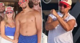 Patrick Mahomes flexes 'dad bod' muscles on yacht with wife Brittany