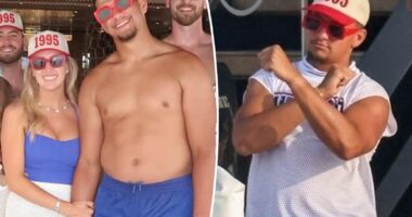 Patrick Mahomes flexes 'dad bod' muscles on yacht with wife Brittany