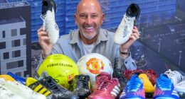 John Horne shows off some of the signed football boots in his collection