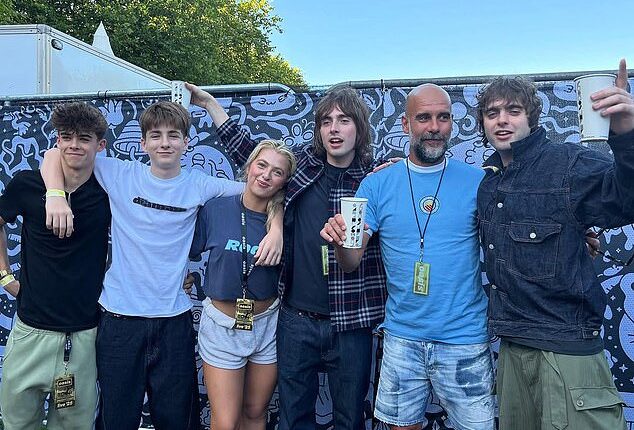 Pep Guardiola partied with the Gallagher brothers' children on Friday (L-R Donavan, Sonny, Anais, Gene, Guardiola and Lennon)