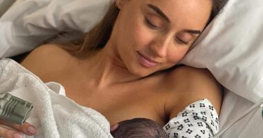 Dr Emily Andre got emotional as she detailed how she had to have emergency surgery after developing a rare and dangerous condition while giving birth to her third child last year (seen)