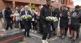 Portuguese-born Everton stars Youssef Chermiti (left) and Beto (right) laid wreaths at Anfield on behalf of the club and paid their respects to Diogo Jota