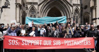 Former Post Office sub-postmasters celebrate after 42 of the victims were cleared in April 2021
