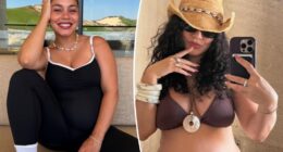 Pregnant Vanessa Hudgens bares her baby bump in a brown bikini on vacation