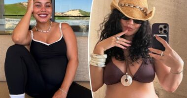 Pregnant Vanessa Hudgens bares her baby bump in a brown bikini on vacation
