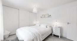 One of the two bedrooms emulates the house's interior, with white walls, furniture, bedding and decor