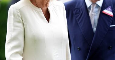 Queen Camilla was typically elegant in an off-white ensemble as she arrived at Ascot Racecourse without King Charles this afternoon