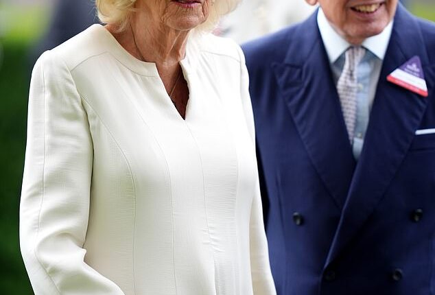 Queen Camilla was typically elegant in an off-white ensemble as she arrived at Ascot Racecourse without King Charles this afternoon